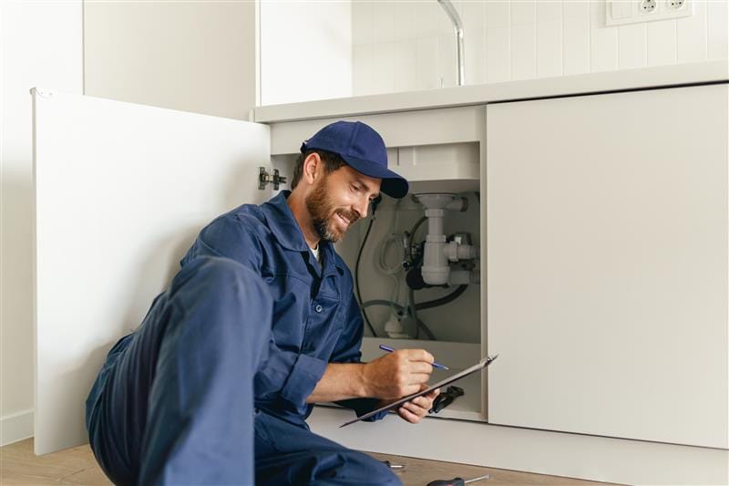Residential plumber reviewing plumbing repairs in a Chambersburg kitchen